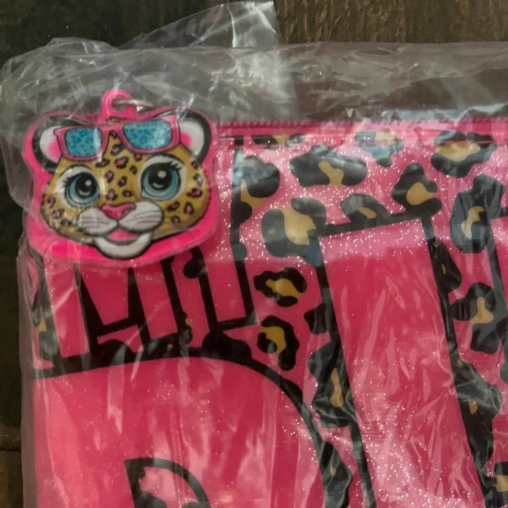 NWT Justice adorable pink lepoard sparkly bikini bag with zipper